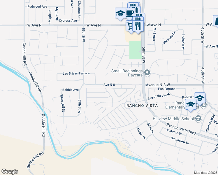 map of restaurants, bars, coffee shops, grocery stores, and more near 5163 Meadowsweet Drive in Palmdale