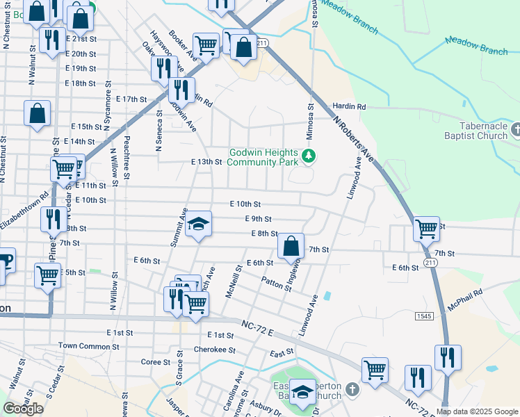 map of restaurants, bars, coffee shops, grocery stores, and more near 1106 East 10th Street in Lumberton