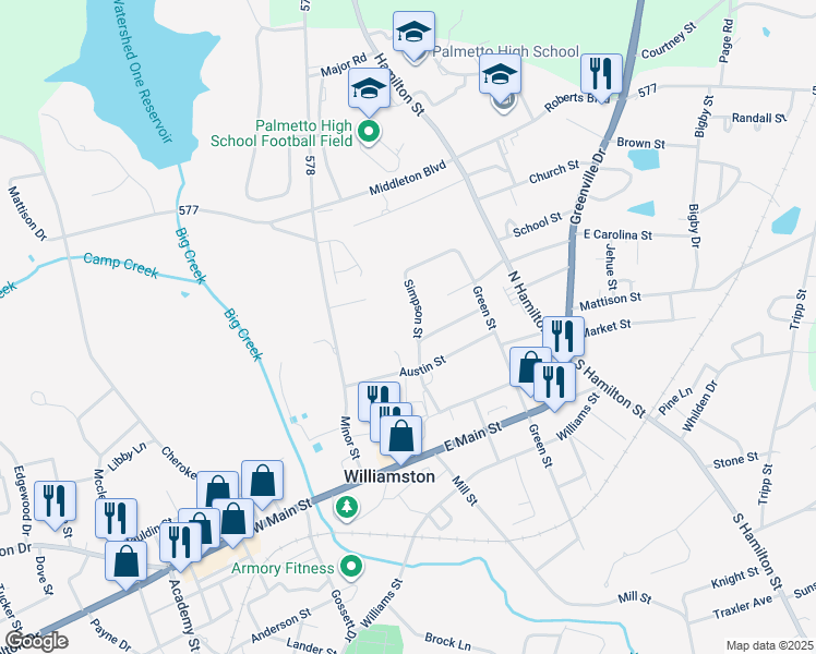 map of restaurants, bars, coffee shops, grocery stores, and more near 105 Simpson Street in Williamston