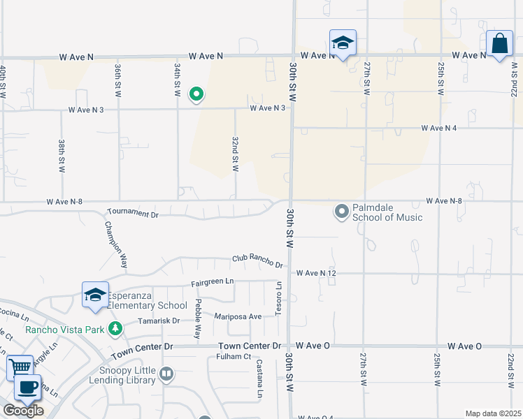 map of restaurants, bars, coffee shops, grocery stores, and more near 40733 Gleneagles Court in Palmdale