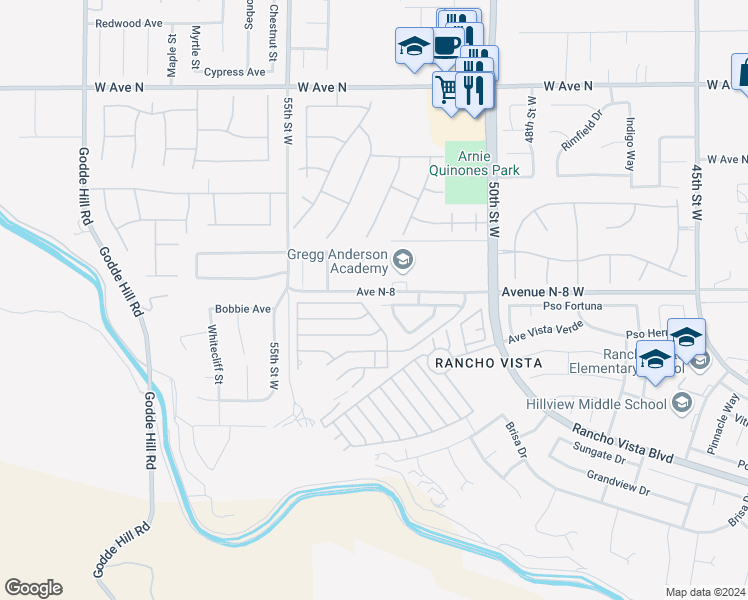 map of restaurants, bars, coffee shops, grocery stores, and more near 5163 Meadowsweet Drive in Palmdale