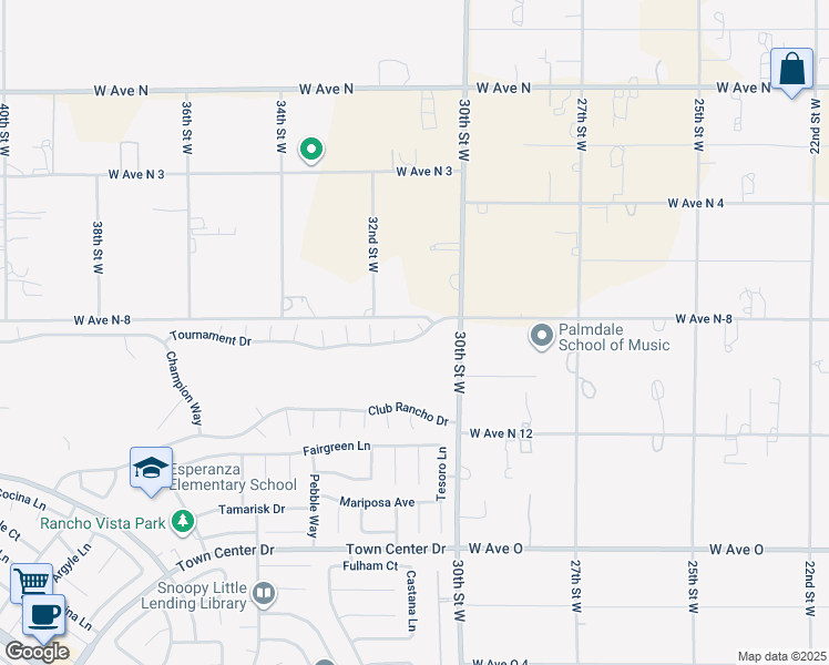 map of restaurants, bars, coffee shops, grocery stores, and more near 40733 Gleneagles Court in Palmdale