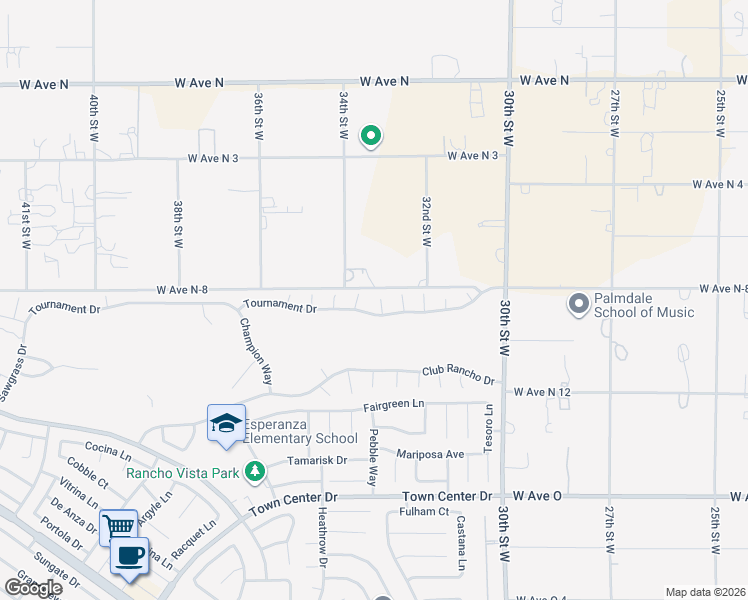 map of restaurants, bars, coffee shops, grocery stores, and more near 40736 Turnberry Court in Palmdale