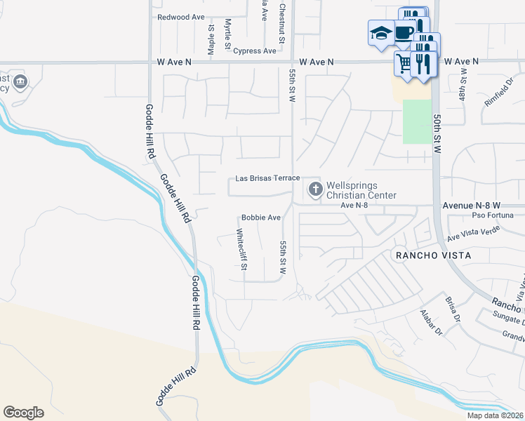 map of restaurants, bars, coffee shops, grocery stores, and more near 5549 Bobbie Avenue in Palmdale