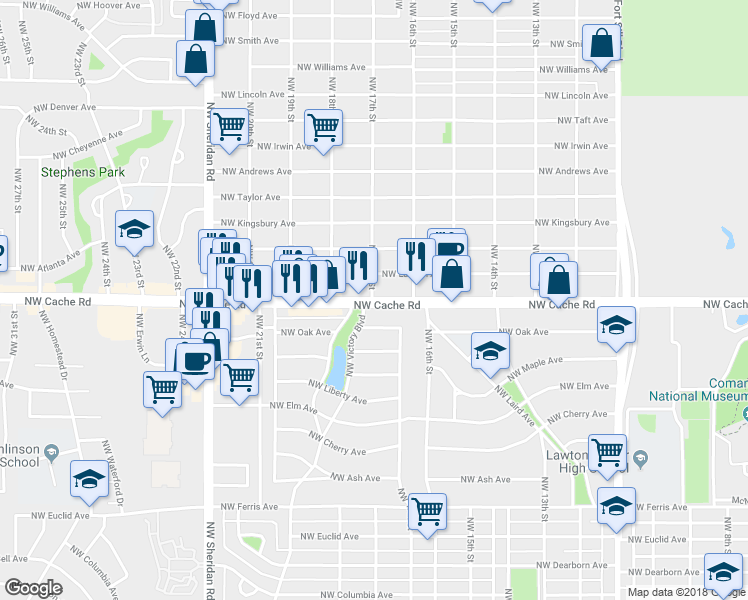 map of restaurants, bars, coffee shops, grocery stores, and more near 1699 Northwest Cache Road in Lawton