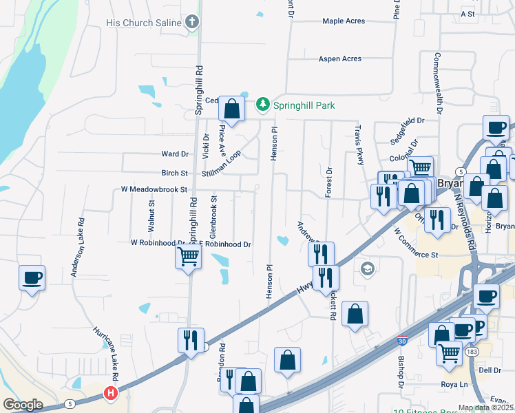 map of restaurants, bars, coffee shops, grocery stores, and more near 3019 Whistling Pine Street in Bryant