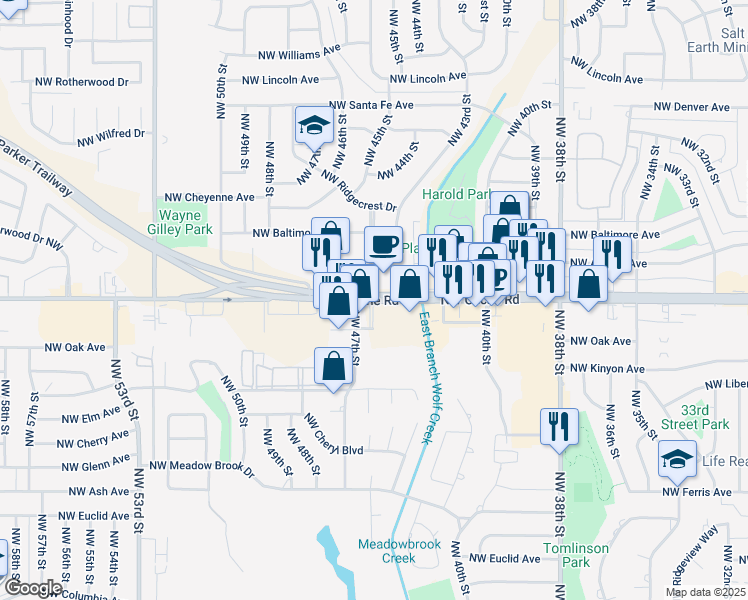 map of restaurants, bars, coffee shops, grocery stores, and more near 4398 Northwest Cache Road in Lawton