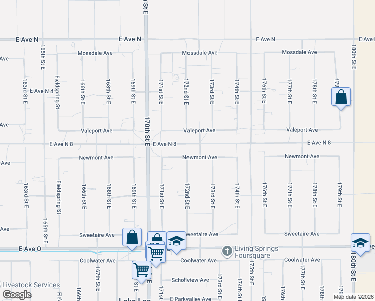 map of restaurants, bars, coffee shops, grocery stores, and more near 17157 Newmont Avenue in Lancaster