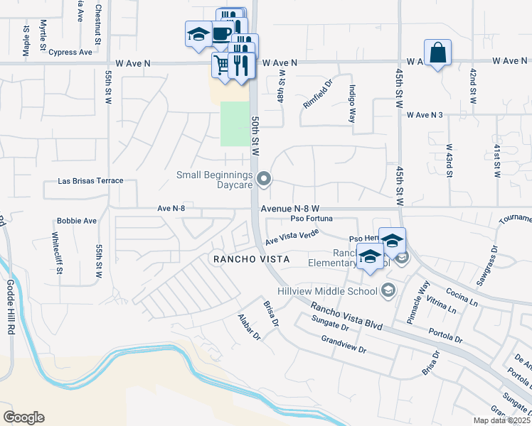 map of restaurants, bars, coffee shops, grocery stores, and more near 4853 Paseo Fortuna in Palmdale