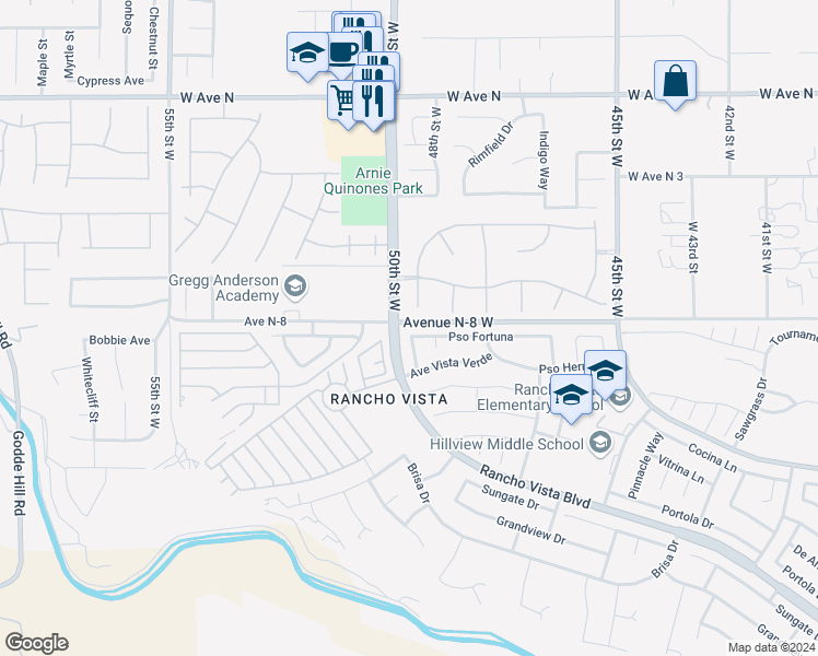 map of restaurants, bars, coffee shops, grocery stores, and more near 4853 Paseo Fortuna in Palmdale