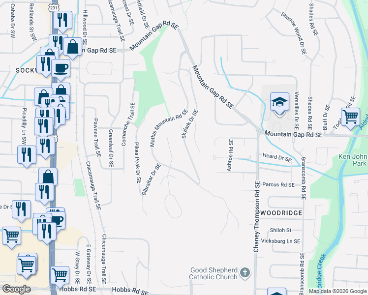 map of restaurants, bars, coffee shops, grocery stores, and more near 10150 Skylark Drive Southeast in Huntsville