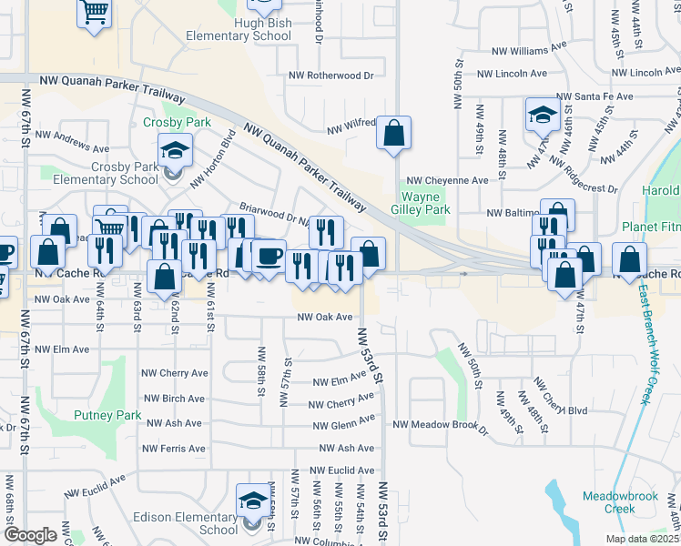 map of restaurants, bars, coffee shops, grocery stores, and more near Northwest Cache Road in Lawton