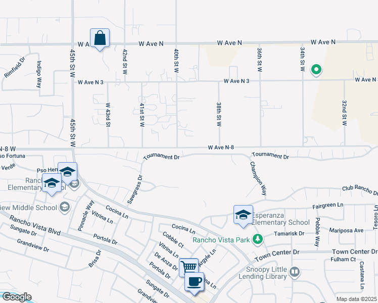 map of restaurants, bars, coffee shops, grocery stores, and more near 3931 Tournament Drive in Palmdale