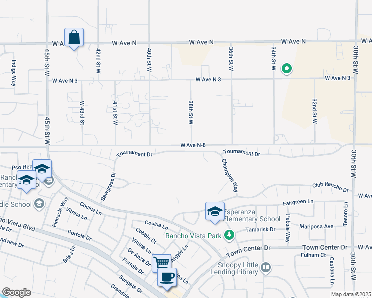 map of restaurants, bars, coffee shops, grocery stores, and more near 3813 Tournament Drive in Palmdale