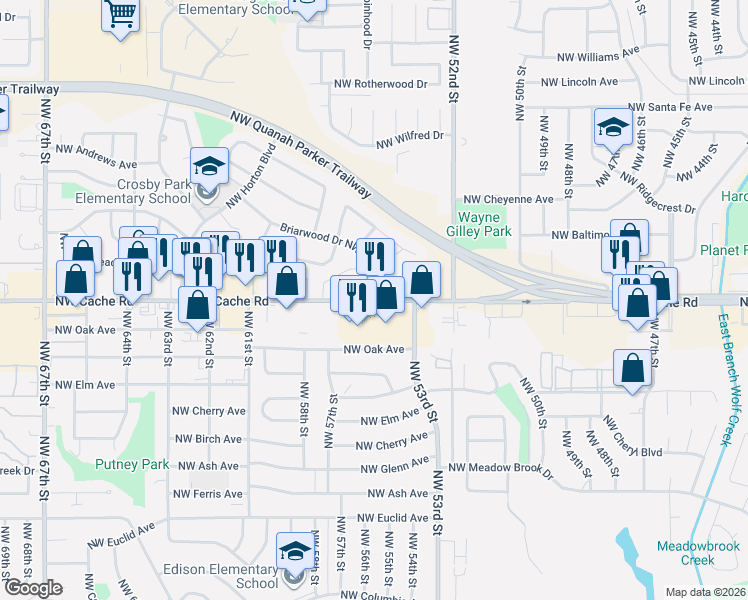 map of restaurants, bars, coffee shops, grocery stores, and more near 5316 Northwest Cache Road in Lawton