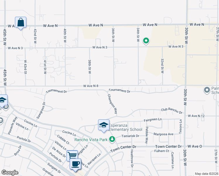 map of restaurants, bars, coffee shops, grocery stores, and more near 3617 Tournament Drive in Palmdale