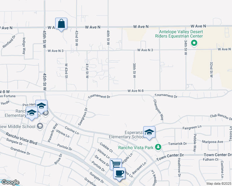 map of restaurants, bars, coffee shops, grocery stores, and more near 3931 Tournament Drive in Palmdale