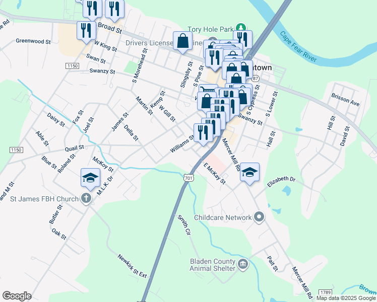 map of restaurants, bars, coffee shops, grocery stores, and more near 117 West McKay Street in Elizabethtown