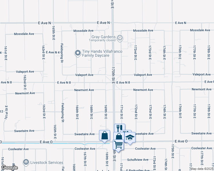 map of restaurants, bars, coffee shops, grocery stores, and more near 167th Street East in Lancaster