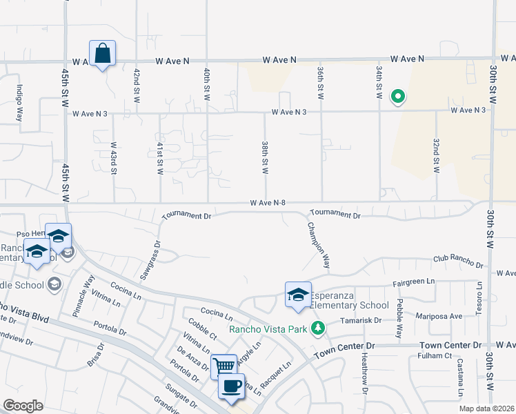 map of restaurants, bars, coffee shops, grocery stores, and more near 3813 Tournament Drive in Palmdale