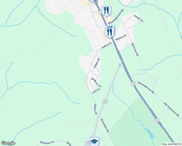 map of restaurants, bars, coffee shops, grocery stores, and more near 146 Adger Road in Pendleton