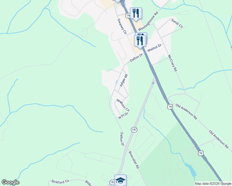 map of restaurants, bars, coffee shops, grocery stores, and more near 146 Adger Road in Pendleton