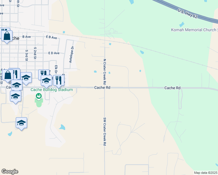 map of restaurants, bars, coffee shops, grocery stores, and more near Cache Road Northwest in Cache