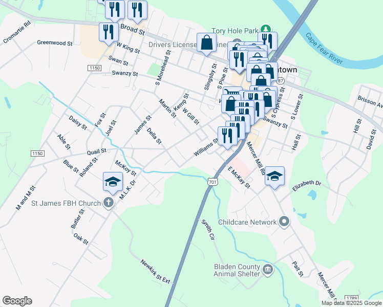 map of restaurants, bars, coffee shops, grocery stores, and more near Williams Street in Elizabethtown