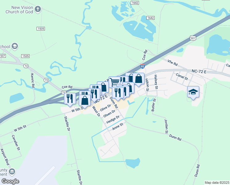 map of restaurants, bars, coffee shops, grocery stores, and more near 2779 West 5th Street in Lumberton