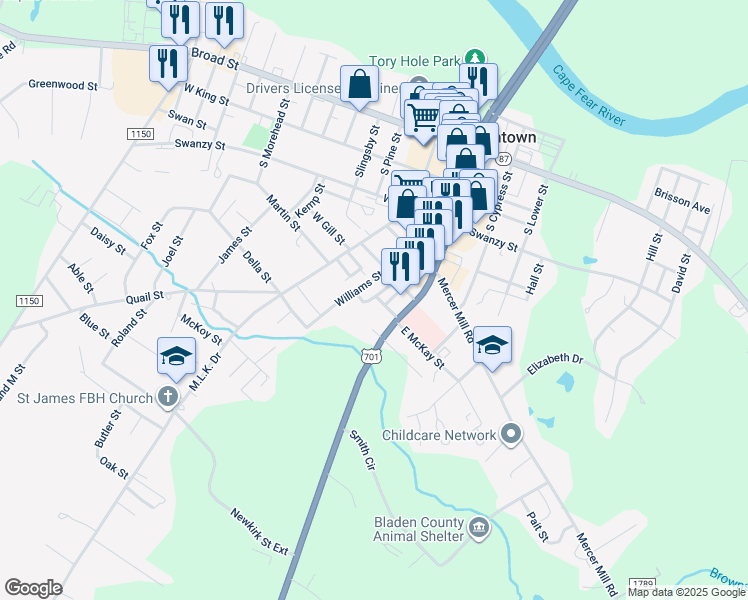 map of restaurants, bars, coffee shops, grocery stores, and more near 117 West McKay Street in Elizabethtown
