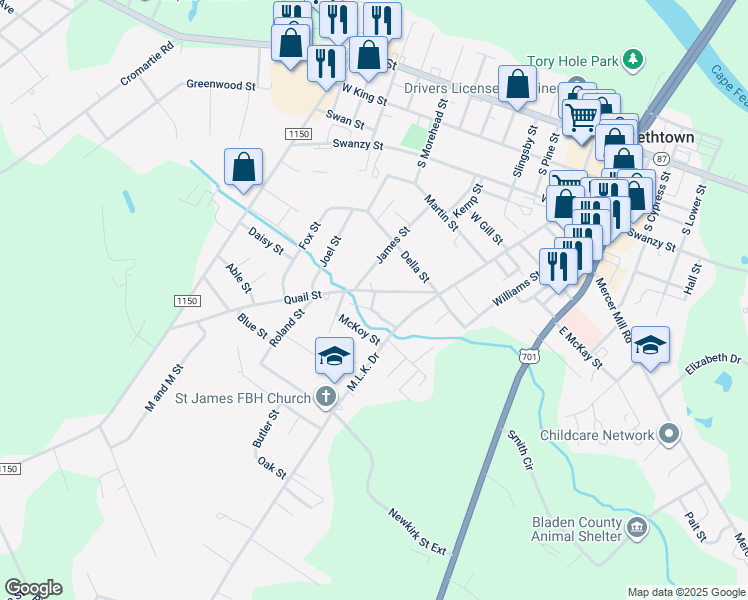 map of restaurants, bars, coffee shops, grocery stores, and more near Davis Street in Elizabethtown