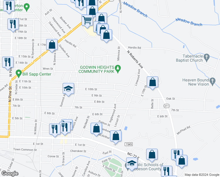map of restaurants, bars, coffee shops, grocery stores, and more near 1207 East 10th Street in Lumberton