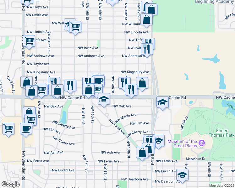 map of restaurants, bars, coffee shops, grocery stores, and more near 1299 Northwest Cache Road in Lawton