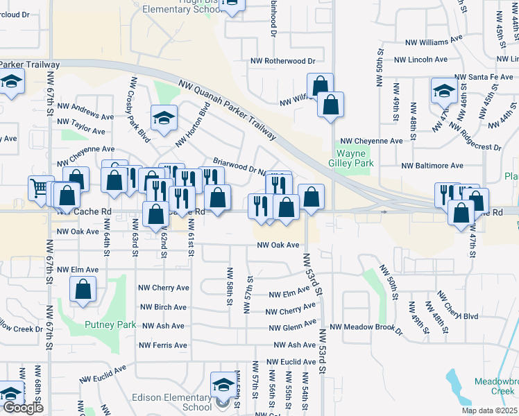 map of restaurants, bars, coffee shops, grocery stores, and more near 5422-5508 Northwest Cache Road in Lawton