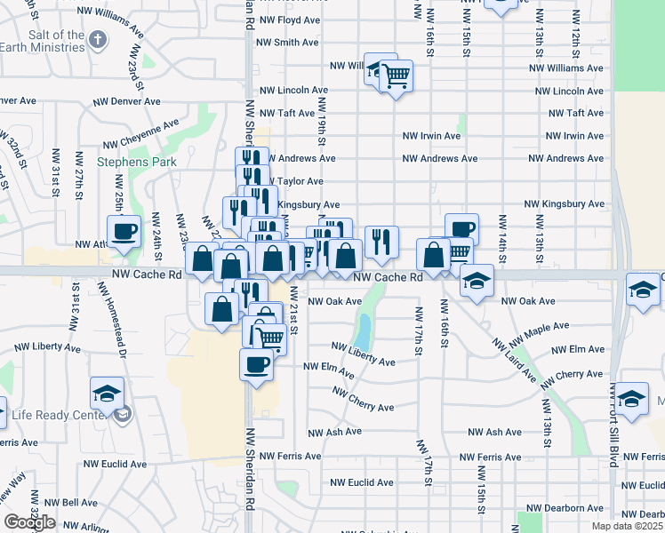 map of restaurants, bars, coffee shops, grocery stores, and more near 1916 Northwest Cache Road in Lawton