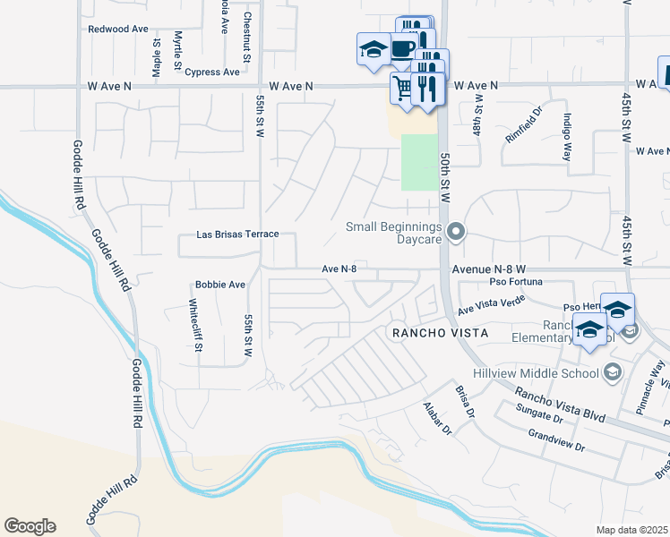 map of restaurants, bars, coffee shops, grocery stores, and more near Avenue N-8 in Palmdale