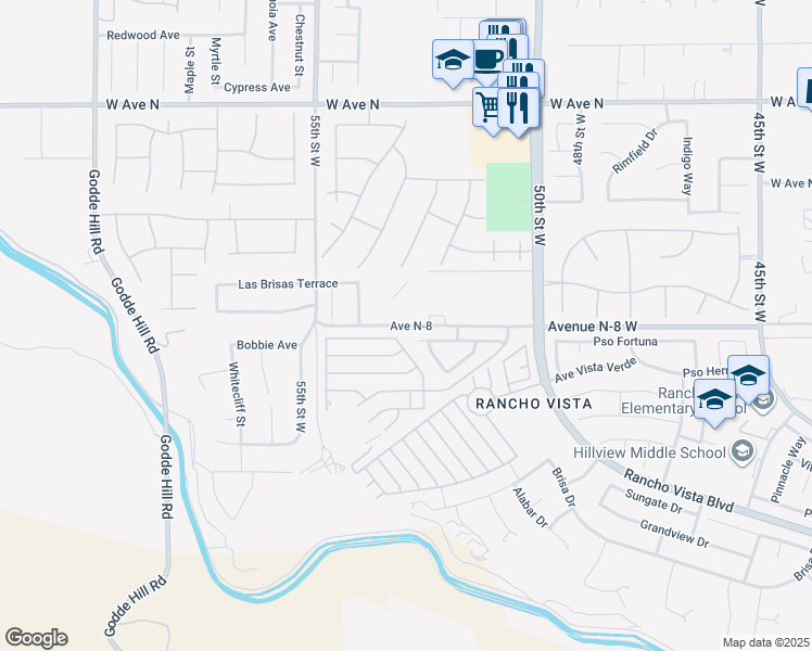 map of restaurants, bars, coffee shops, grocery stores, and more near Avenue N-8 in Palmdale