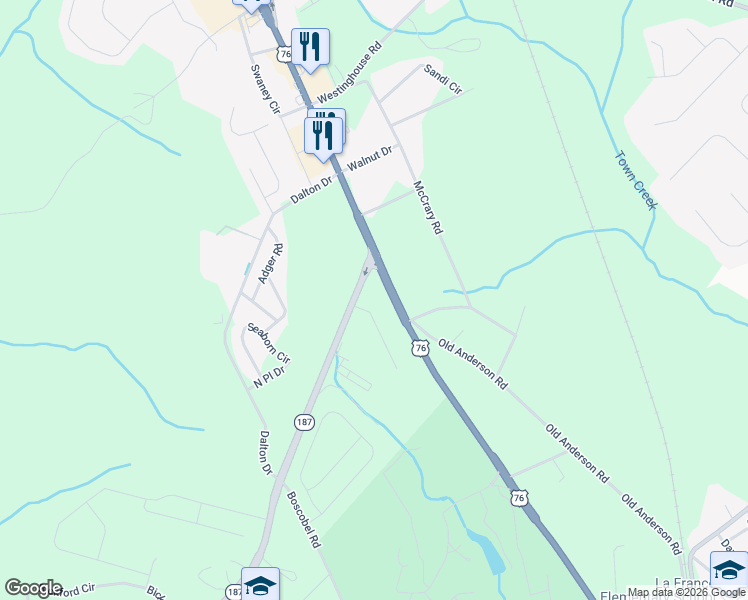 map of restaurants, bars, coffee shops, grocery stores, and more near 7300 U.S. 76 in Pendleton