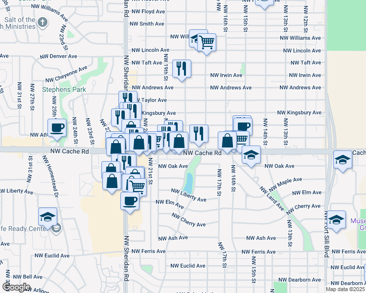 map of restaurants, bars, coffee shops, grocery stores, and more near 1902 Northwest Cache Road in Lawton