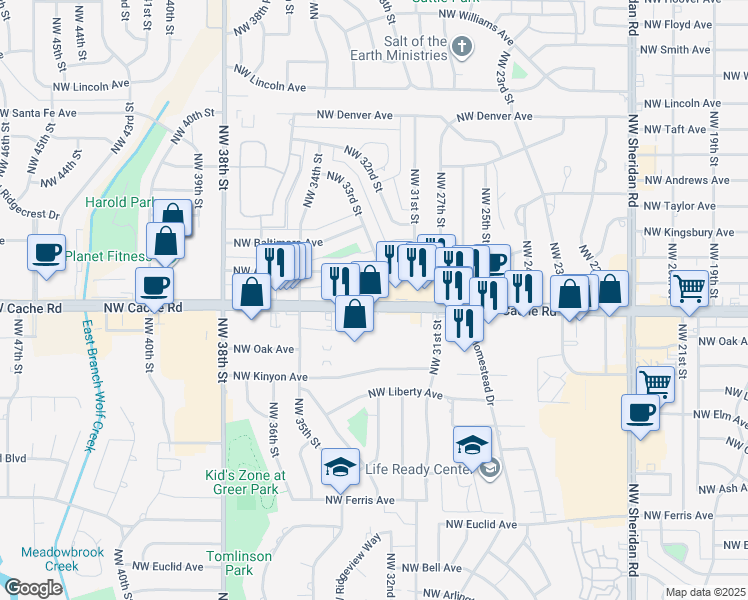 map of restaurants, bars, coffee shops, grocery stores, and more near 3307 Northwest Cache Road in Lawton