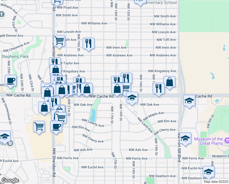 map of restaurants, bars, coffee shops, grocery stores, and more near 1702 Northwest Cache Road in Lawton