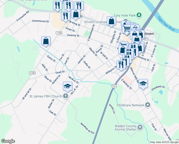 map of restaurants, bars, coffee shops, grocery stores, and more near 902 Martin Luther King Junior Drive in Bladenboro