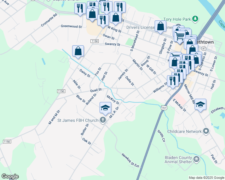 map of restaurants, bars, coffee shops, grocery stores, and more near 513 Quail Street in Elizabethtown
