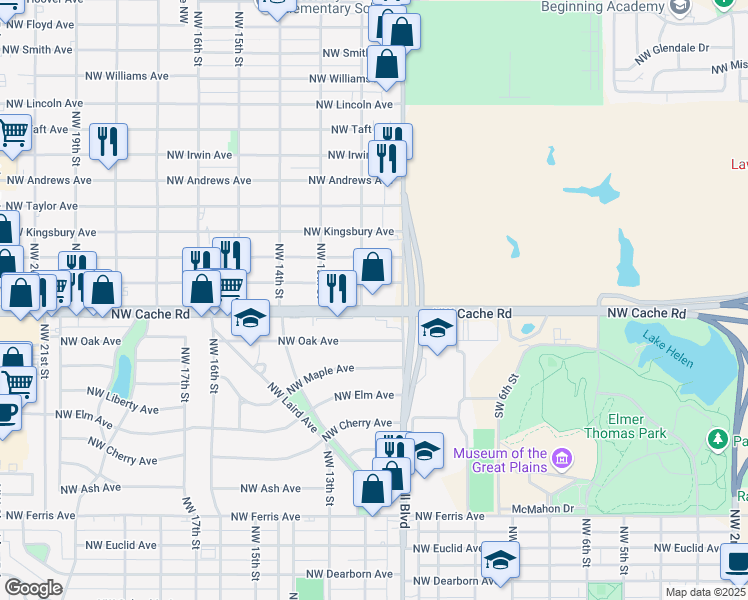 map of restaurants, bars, coffee shops, grocery stores, and more near 1106 Northwest Cache Road in Lawton