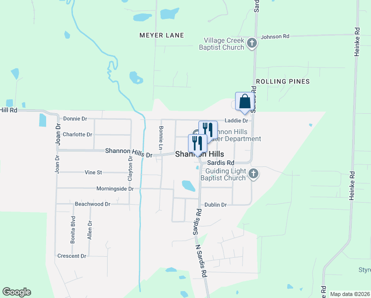 map of restaurants, bars, coffee shops, grocery stores, and more near 10511 Shannon Hills Drive in Shannon Hills