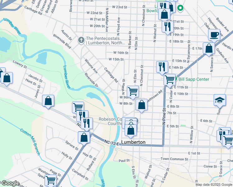map of restaurants, bars, coffee shops, grocery stores, and more near 805 Caldwell St in Lumberton