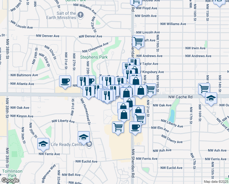map of restaurants, bars, coffee shops, grocery stores, and more near 1414 Northwest 23rd Street in Lawton