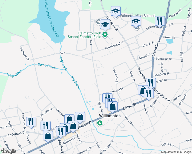 map of restaurants, bars, coffee shops, grocery stores, and more near 430 Minor Street in Williamston