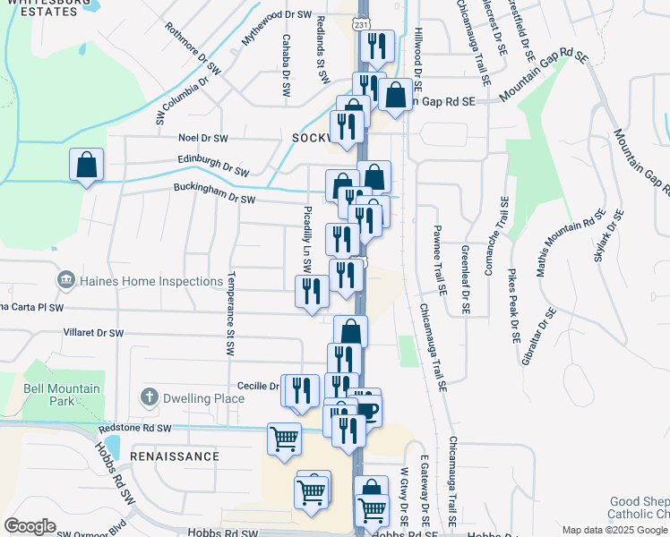 map of restaurants, bars, coffee shops, grocery stores, and more near 11120 Memorial Parkway Southwest in Huntsville