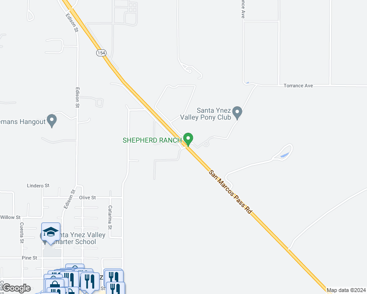 map of restaurants, bars, coffee shops, grocery stores, and more near 1553 Meadowvale Road in Santa Ynez